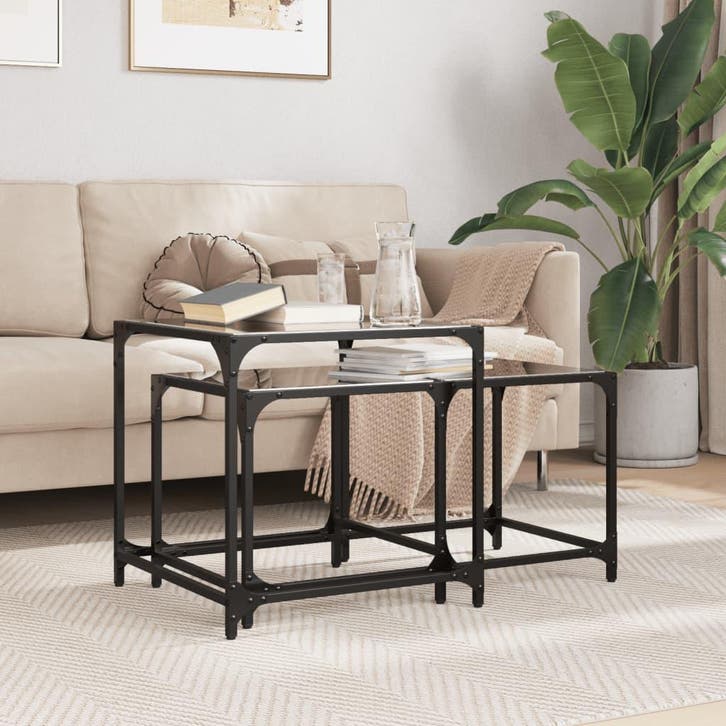 vidaXL 2-delige Tafeltjesset met zwart glazen blad staal, Maison & Meubles, Tables | Tables de salon, Envoi