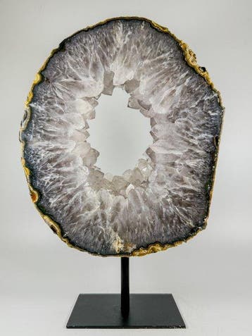 Very rare natural agate with crystal portal geode on stand