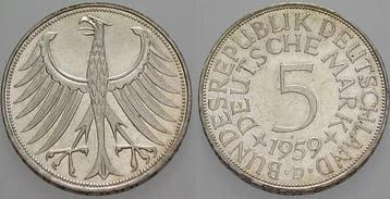 5 duitse Mark 1959 D 5 Mark Kursmunten Bondsrepubliek Dui..., Verzenden