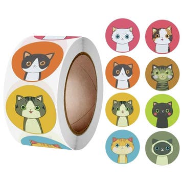 500 Stickers Op Rol - 2.5cm - Cartoon Kat -, Verzenden, Nieuw