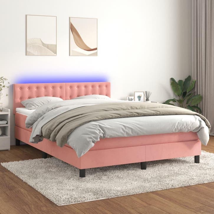 vidaXL Boxspring met matras en LED fluweel roze 140x200 cm, Maison & Meubles, Chambre à coucher | Lits, Envoi