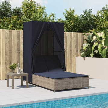 vidaXL Ligbed tweepersoons met dak en gordijn poly rattan, Tuin en Terras, Ligbedden, Verzenden, Nieuw