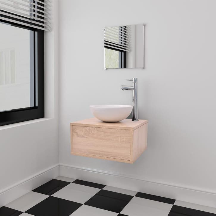 vidaXL Badkamermeubelset 4-delig met kraan en wasbak beige, Maison & Meubles, Salle de bain | Meubles de Salle de bain, Envoi