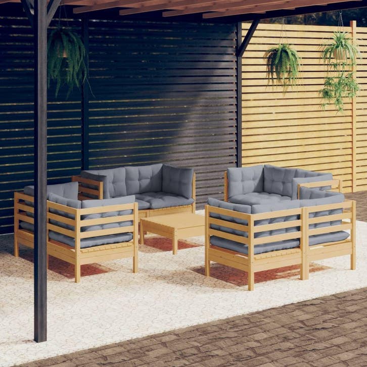 vidaXL 9-delige Loungeset met grijze kussens grenenhout, Tuin en Terras, Tuinsets en Loungesets, Loungeset, Nieuw, Verzenden