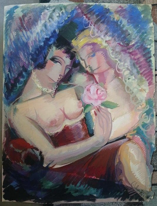 Lode Sebregts (1906-2002) - Twee meisjes met roos, Antiquités & Art, Art | Peinture | Classique