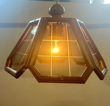 Lampe à suspendre - verre gravé, Fer, Noyer - Suspension en