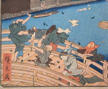 HIROKAGE. Fort vent sur le pont Shin-hashi. 1859. gravure