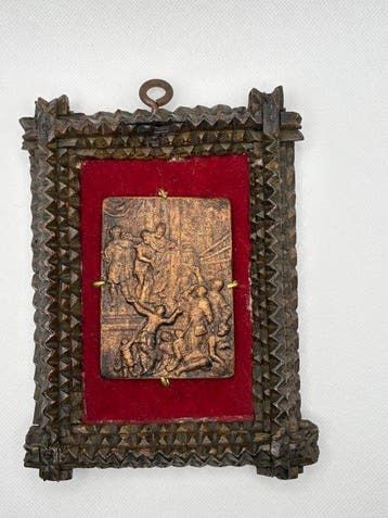 Bronzen plaquette met een religieus reliëf. - Brons, Antiek en Kunst