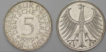 5 duitse Mark 1959 J 5 Mark Kursmunten Bondsrepubliek Dui..., Verzenden