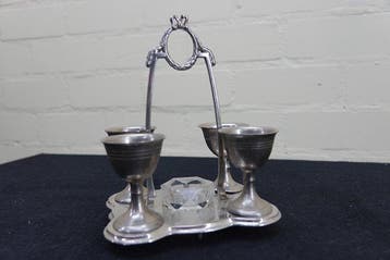 Eierdopje - Tin, Glas - tinnen eierdop set, Antiek en Kunst, Curiosa en Brocante