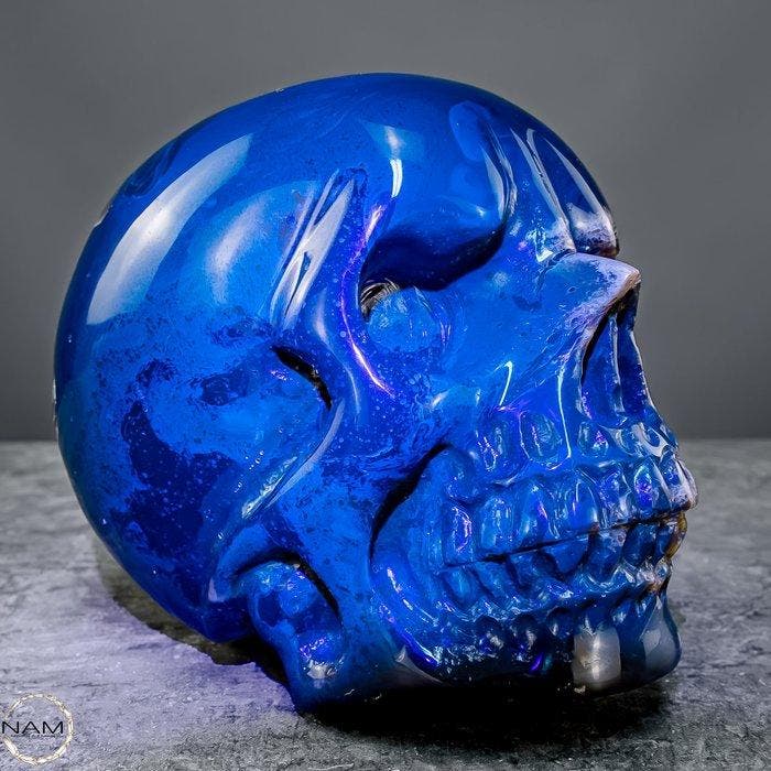 Natuurlijke blauw-rood amber schedel- 413.98 g, Verzamelen, Mineralen en Fossielen