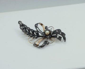 Broche - 19.2 kt. Geel goud, Zilver Parel - Diamant