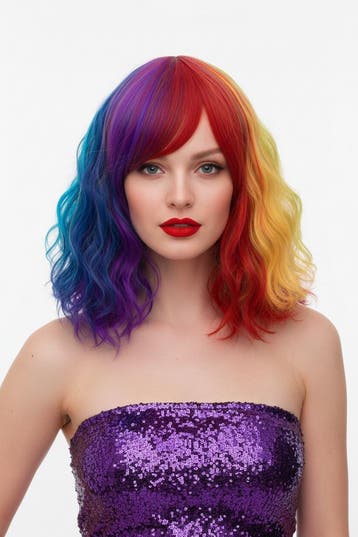 Luxe Regenboog Korte Pruik Schouderlengte Schuine Pony Krull, Ophalen of Verzenden