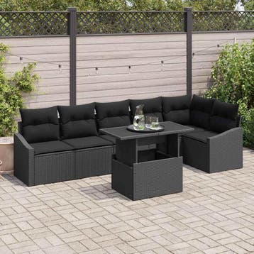 vidaXL Tuinbank Set 7 st Zwart poly rattan, Gepoedercoat, Verzenden