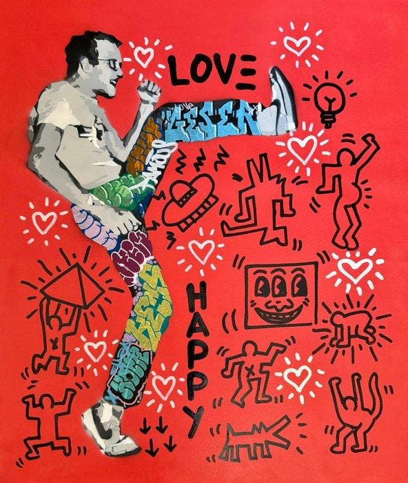 Quiona+ - ‘Keith Haring Plays with His Icons’ XL, Antiek en Kunst, Kunst | Schilderijen | Modern
