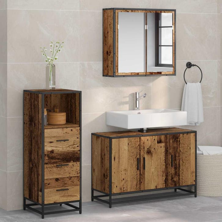 vidaXL Badkamermeubel Set met lade 3 pcs Oud Hout Bewerkt, Maison & Meubles, Salle de bain | Meubles de Salle de bain, Envoi