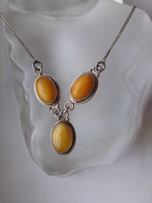 Zilver, Butterscotch Amber - Halsketting - Art Deco, Antiek en Kunst, Kunst | Designobjecten