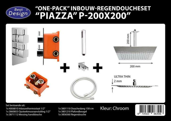 One pack inbouw-regendoucheset Plafonduitloop 200mm Vierkant, Bricolage & Construction, Sanitaire, Enlèvement ou Envoi