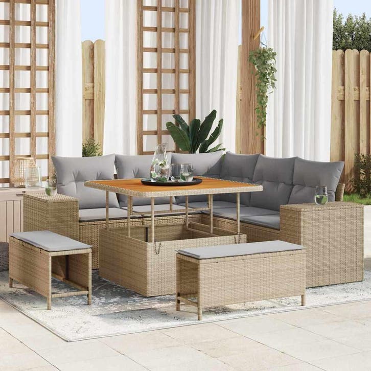 vidaXL Tuinbank Set met kussen 8 pcs Beige poly rattan, Tuin en Terras, Tuinsets en Loungesets, Nieuw, Verzenden