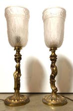 1900 - Lampe (2) - Laiton, Verre - Antiquité