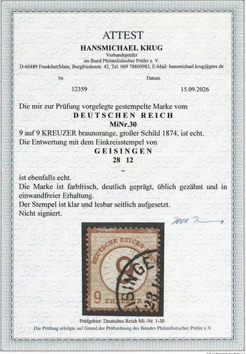 Duitse Rijk - 9 Kreuzer groot borstschild met attest - MiNr., Gestempeld