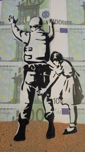 Jinks Kunst - Tribute to Banksy on 8 Iranian banknotes, Antiek en Kunst