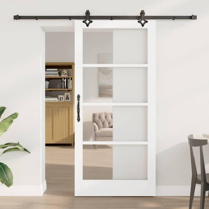 vidaXL Schuifdeur Wit 93 x 202 cm Massief grenenhout en glas, Doe-het-zelf en Bouw, Deuren en Vliegenramen, Nieuw, Verzenden