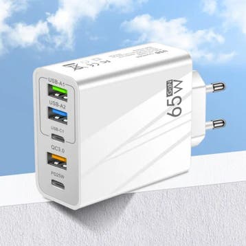 5-Poort GaN Stekkerlader 65W - PD / Quick Charge 3.0 / USB, Verzenden
