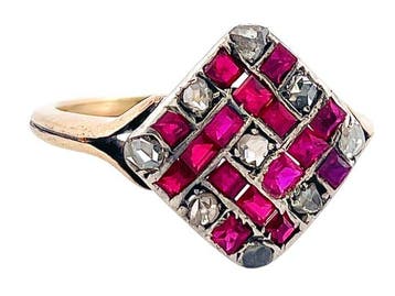 Bague - 18 carats Or jaune Rubis - Diamant