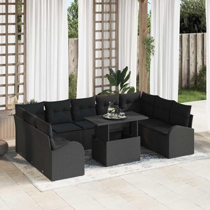 vidaXL Tuinbank Set met kussen met opslag 10 pcs Zwart Poly, Tuin en Terras, Tuinsets en Loungesets, Nieuw, Verzenden