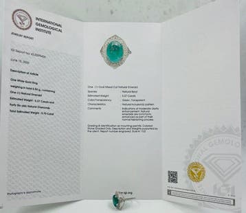 Ring - 14 karaat Witgoud - 6.02ct. tw. Smaragd - Diamant, Nieuw