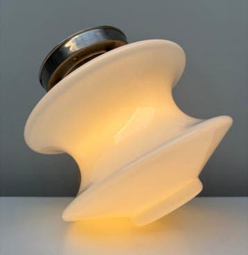 Plafondlamp - Vernikkeld messing, Opaline glas