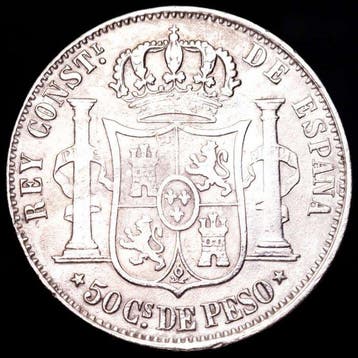 Spanje. Alfonso XII. 50 centavos de peso Manila, para