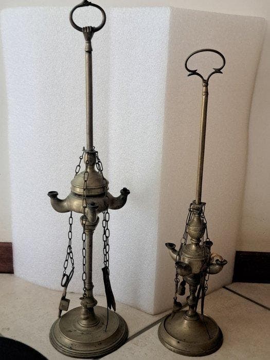 Lampe à huile (2) - Laiton doré - Lanterne en laiton XIXe, Antiek en Kunst, Curiosa en Brocante