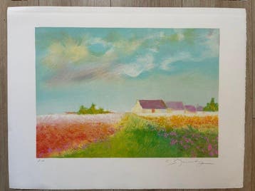 Claude Manoukian (1936) - Lot de 2 lithographies: Les champs, Antiek en Kunst