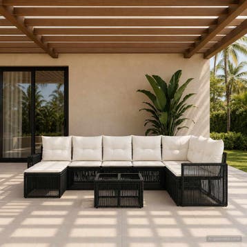 vidaXL Tuinbank Set 9 st Zwart en Crème Wit poly rattan, Verzenden