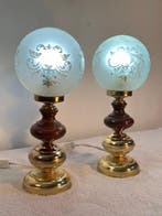 Tafellamp (2) - Vintage - Glas, Messing, Hout - Set