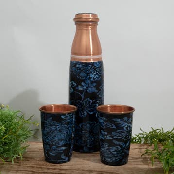 Puur koperen set van fles bloemenprint blauw ± 950 ml met 2, Ophalen of Verzenden