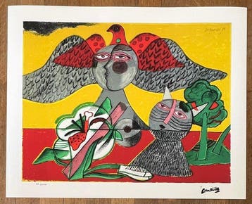 Corneille (1922-2010) - Chat, fleur et oiseau