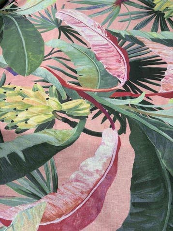 NUANCES TROPICALES 100% lin Feuille tropicale Fond rose -