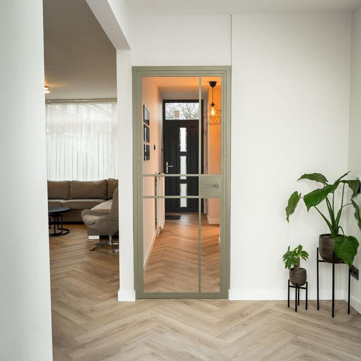 Stalen Binnendeur 6 Vlaks Olijfgroen Helder glas Met slot, Doe-het-zelf en Bouw, Deuren en Vliegenramen, Nieuw, Metaal, Binnendeur