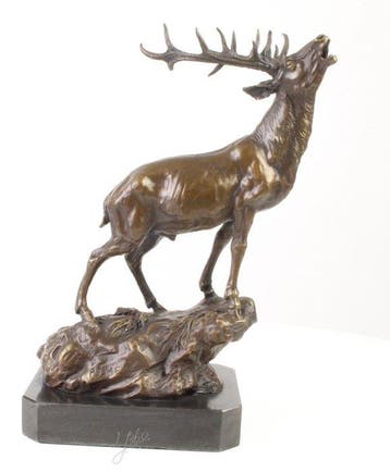 Beeld, Hert op rots 38 cm / 6.3 kg - 38 cm - Brons, Marmer