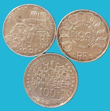 France. 100 Francs 1982/1994 (lot de 3 monnaies en argent), Postzegels en Munten