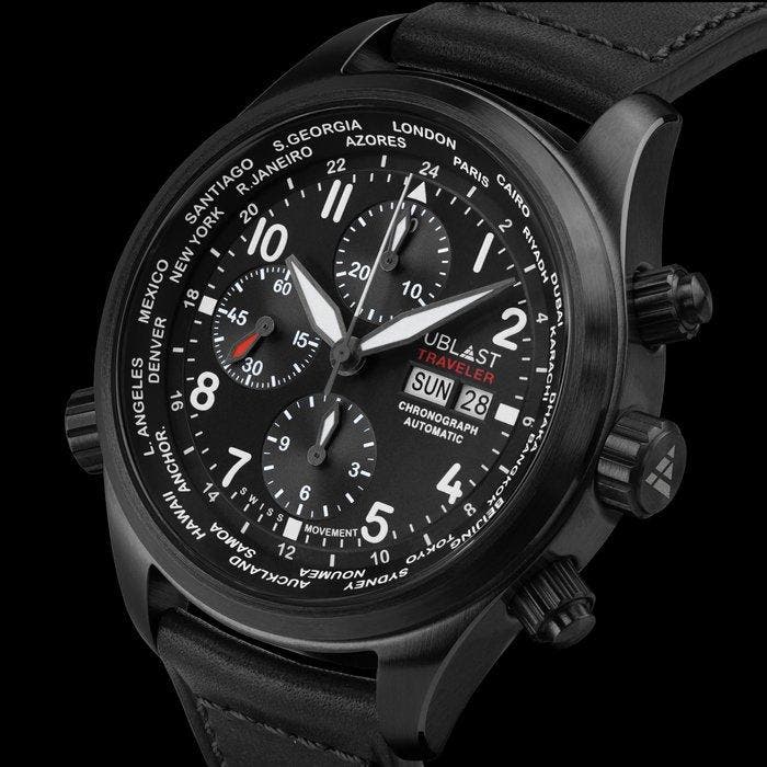 Ublast - Traveler Chronograph World Time - REF.UBTRCH47BK -, Handtassen en Accessoires, Horloges | Heren