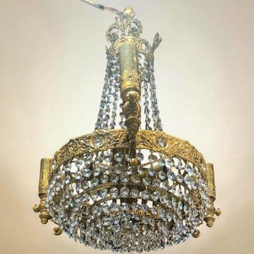 Kroonluchter - Elegant in messing en kristal, 6 lampen, Antiek en Kunst