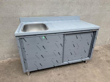 Spoeltafel met schuifdeuren 1 bak links 140cm, Ophalen of Verzenden, Nieuw in verpakking, Inox Meubilair