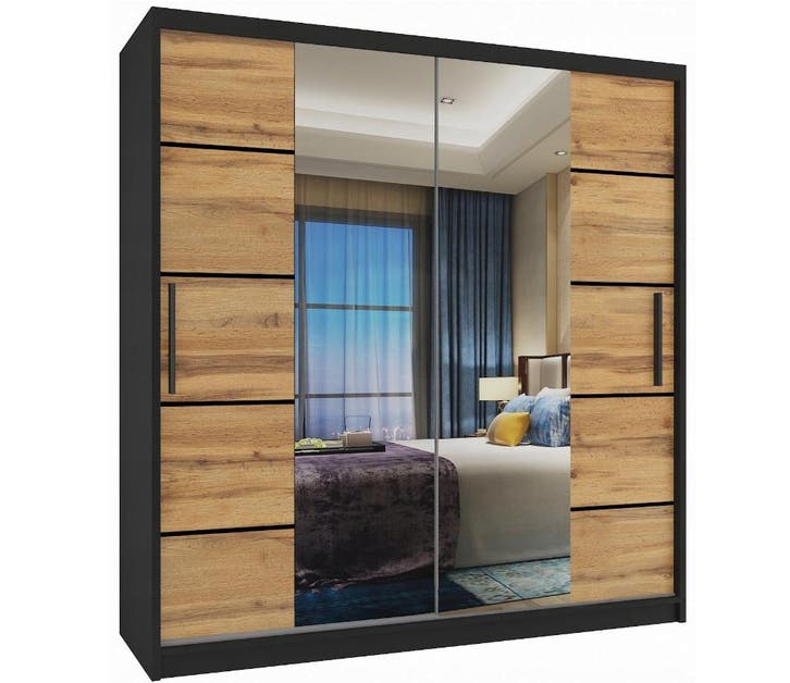 Kledingkast zwart eiken 158 cm breed met spiegel en 2 lad..., Maison & Meubles, Armoires | Penderies & Garde-robes, Envoi