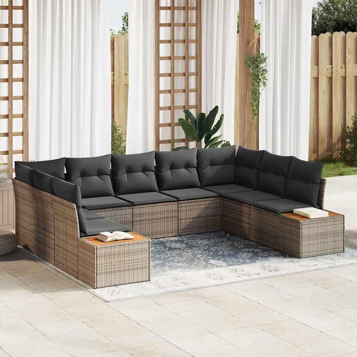 vidaXL Tuinbank Set met kussen 9 pcs Grijs Poly rattan, Tuin en Terras, Tuinsets en Loungesets, Nieuw, Verzenden
