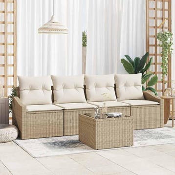 vidaXL Bankstel 5 st Beige en Crème poly rattan, Verzenden