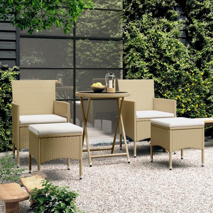 vidaXL 5-delige Bistroset poly rattan en gehard glas beige, Tuin en Terras, Tuinsets en Loungesets, Nieuw, Verzenden